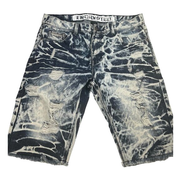Encrypted Jeans Denim Shorts Acid Washed Distressed Ripped Sz 36 Men's Thrashed - Picture 1 of 3